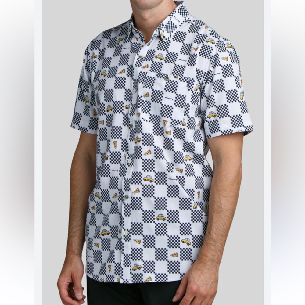 William Murray Golf Polo Men’s XL Black White Pizza Taxi New York Print Shirt